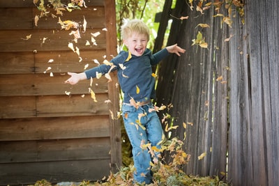 小男孩在篱笆边与落叶合影